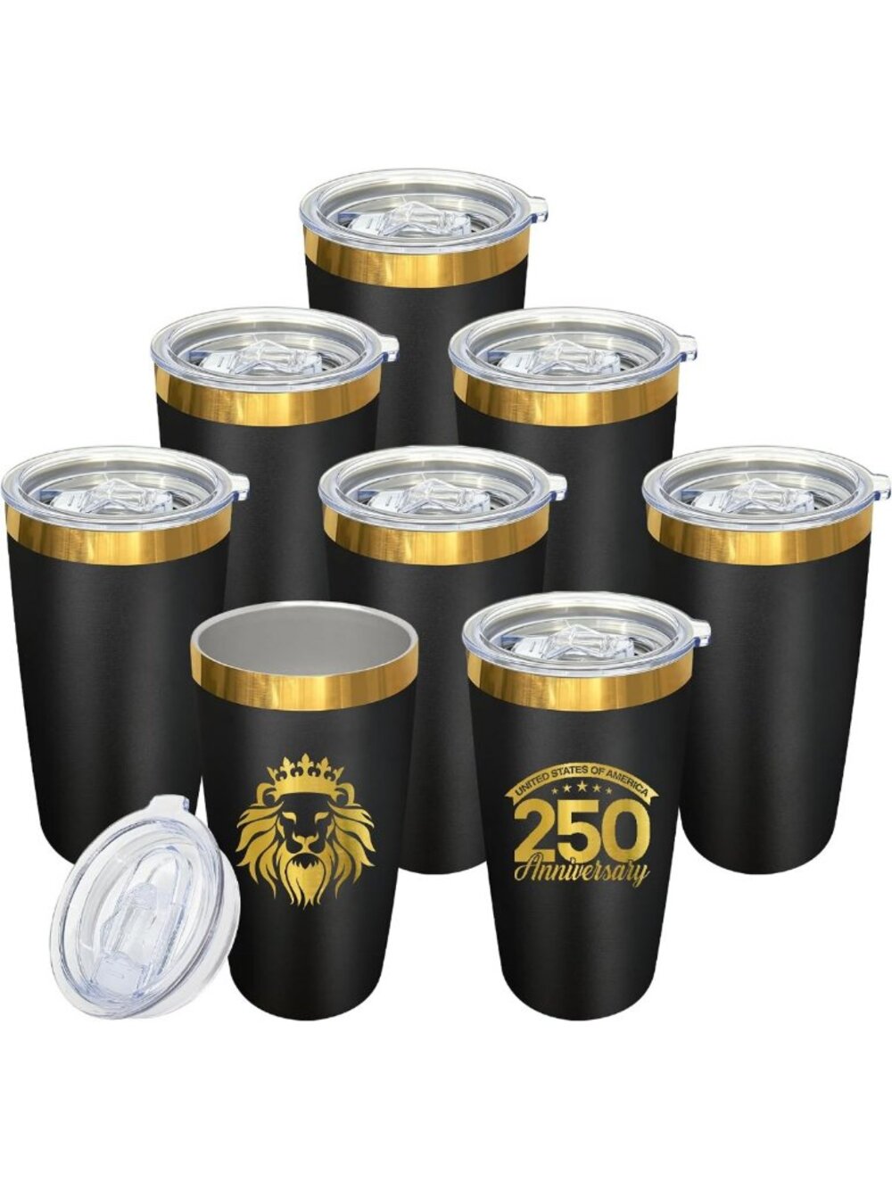 8 Pack Black & Gold Travel Coffee Tumblers - 10 oz Insulated Mugs for On-the-Go